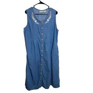 220 Hickory Vintage Denim Midi Dress Floral Embroidered Button Front Blue L